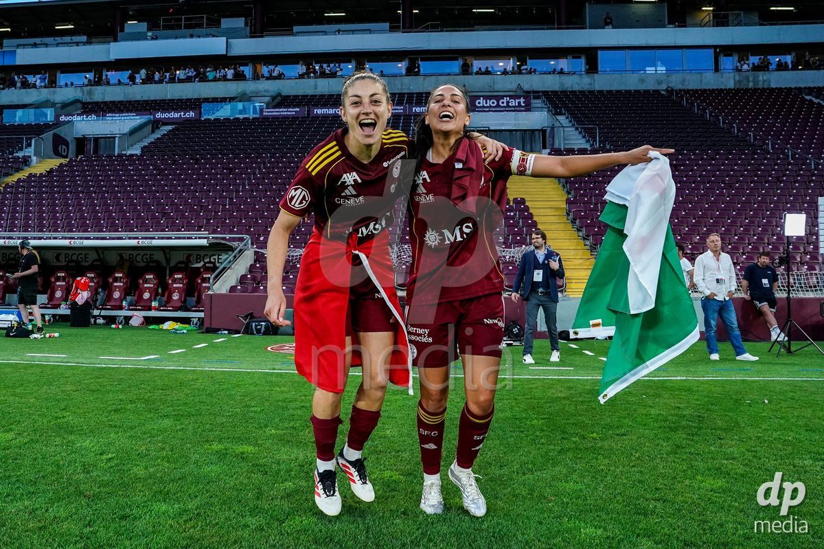 GENEVA, SWITZERLAND - MAY 29: Celebration of team Servette after winning the Final of the AXA Women's Super League match between Servette FC Chenois Feminin and BSC YB Frauen at Stade de Geneve on May 29, 2026 in Geneva, Switzerland.