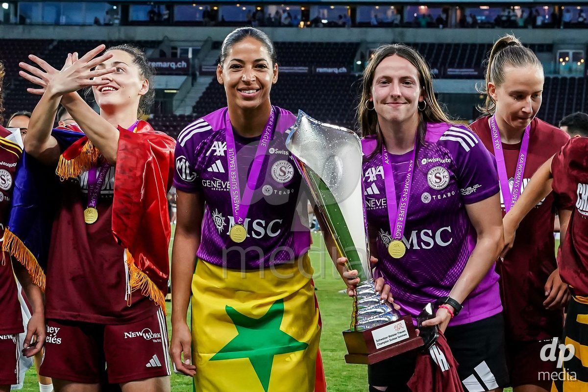 GENEVA, SWITZERLAND - MAY 29: Celebration of team Servette after winning the Final of the AXA Women's Super League match between Servette FC Chenois Feminin and BSC YB Frauen at Stade de Geneve on May 29, 2026 in Geneva, Switzerland.