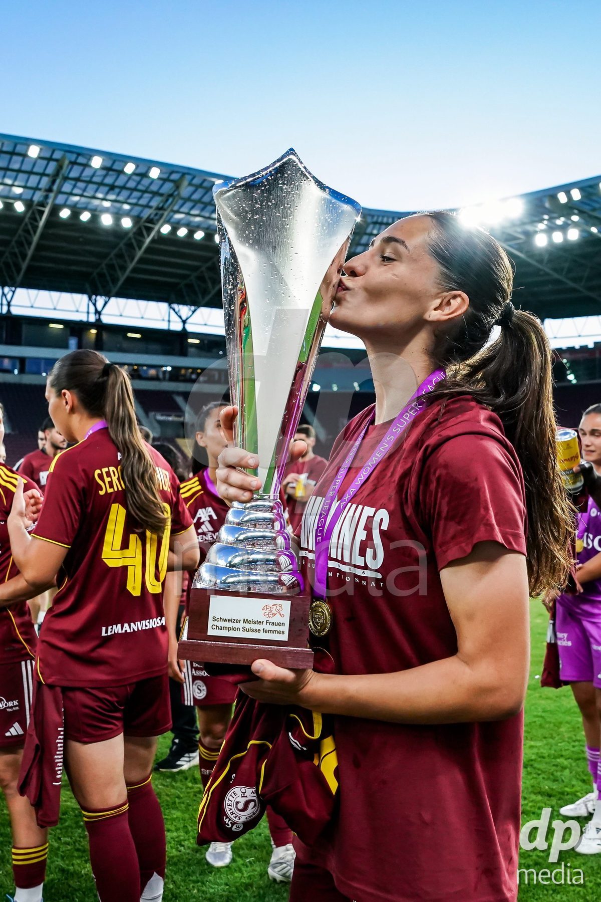 GENEVA, SWITZERLAND - MAY 29: Celebration of team Servette after winning the Final of the AXA Women's Super League match between Servette FC Chenois Feminin and BSC YB Frauen at Stade de Geneve on May 29, 2026 in Geneva, Switzerland.