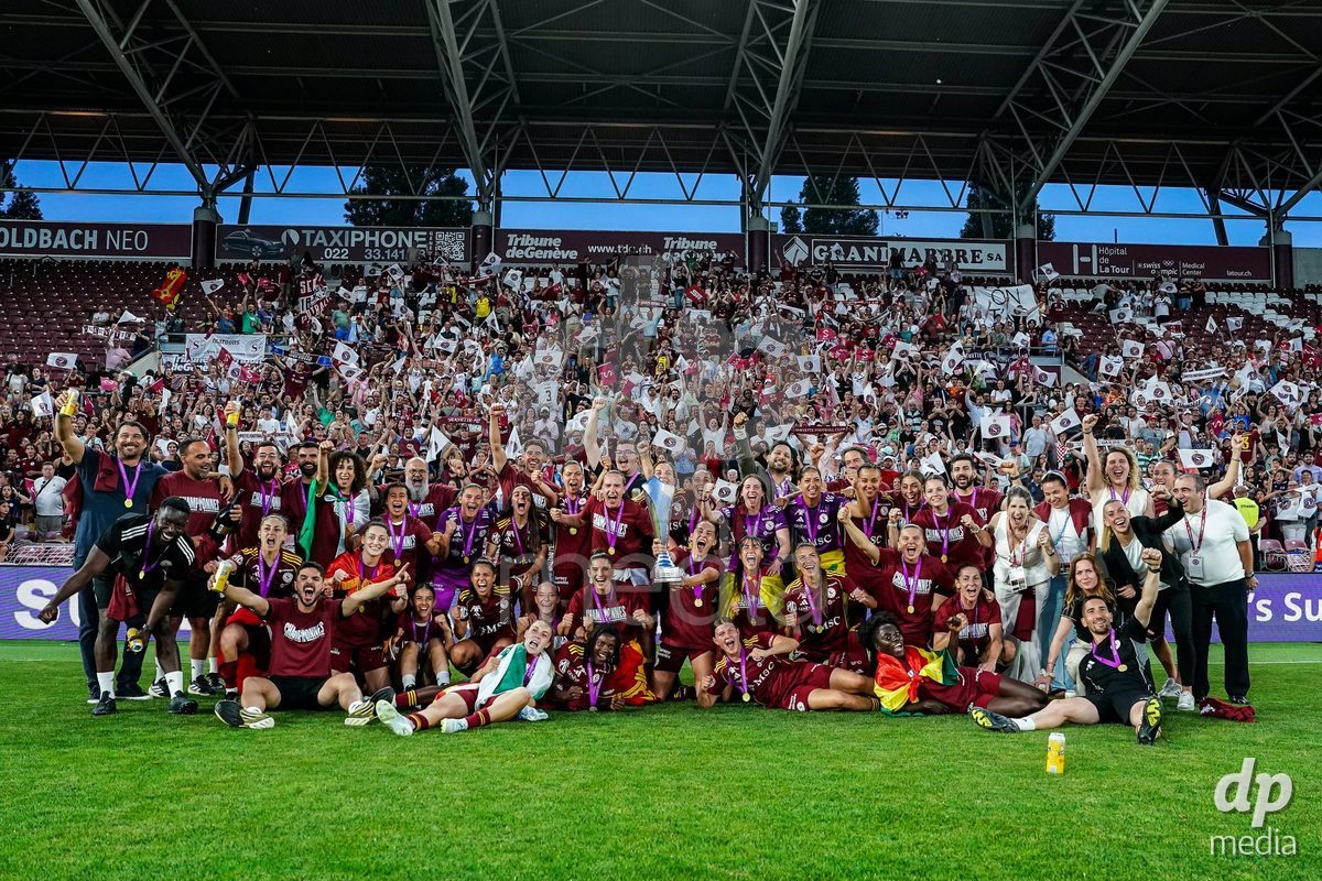 GENEVA, SWITZERLAND - MAY 29: Celebration of team Servette after winning the Final of the AXA Women's Super League match between Servette FC Chenois Feminin and BSC YB Frauen at Stade de Geneve on May 29, 2026 in Geneva, Switzerland.