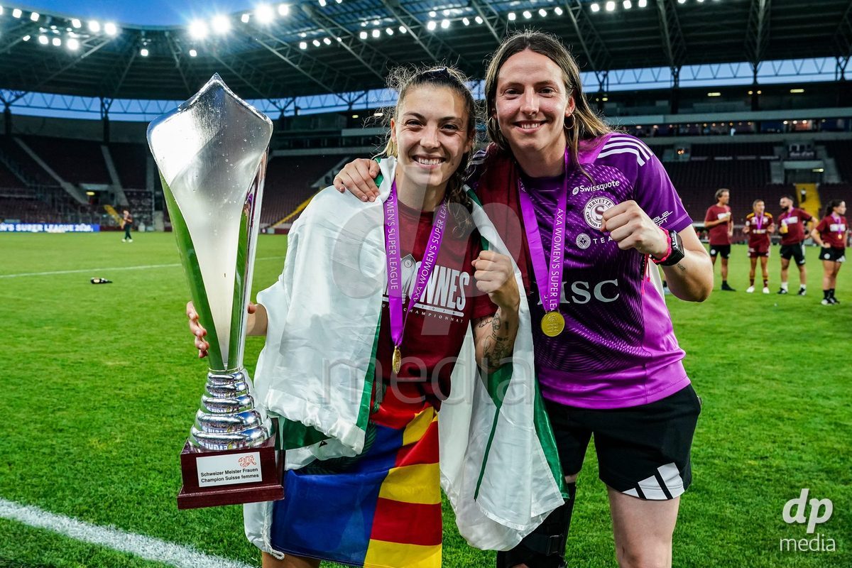 GENEVA, SWITZERLAND - MAY 29: Celebration of team Servette after winning the Final of the AXA Women's Super League match between Servette FC Chenois Feminin and BSC YB Frauen at Stade de Geneve on May 29, 2026 in Geneva, Switzerland.