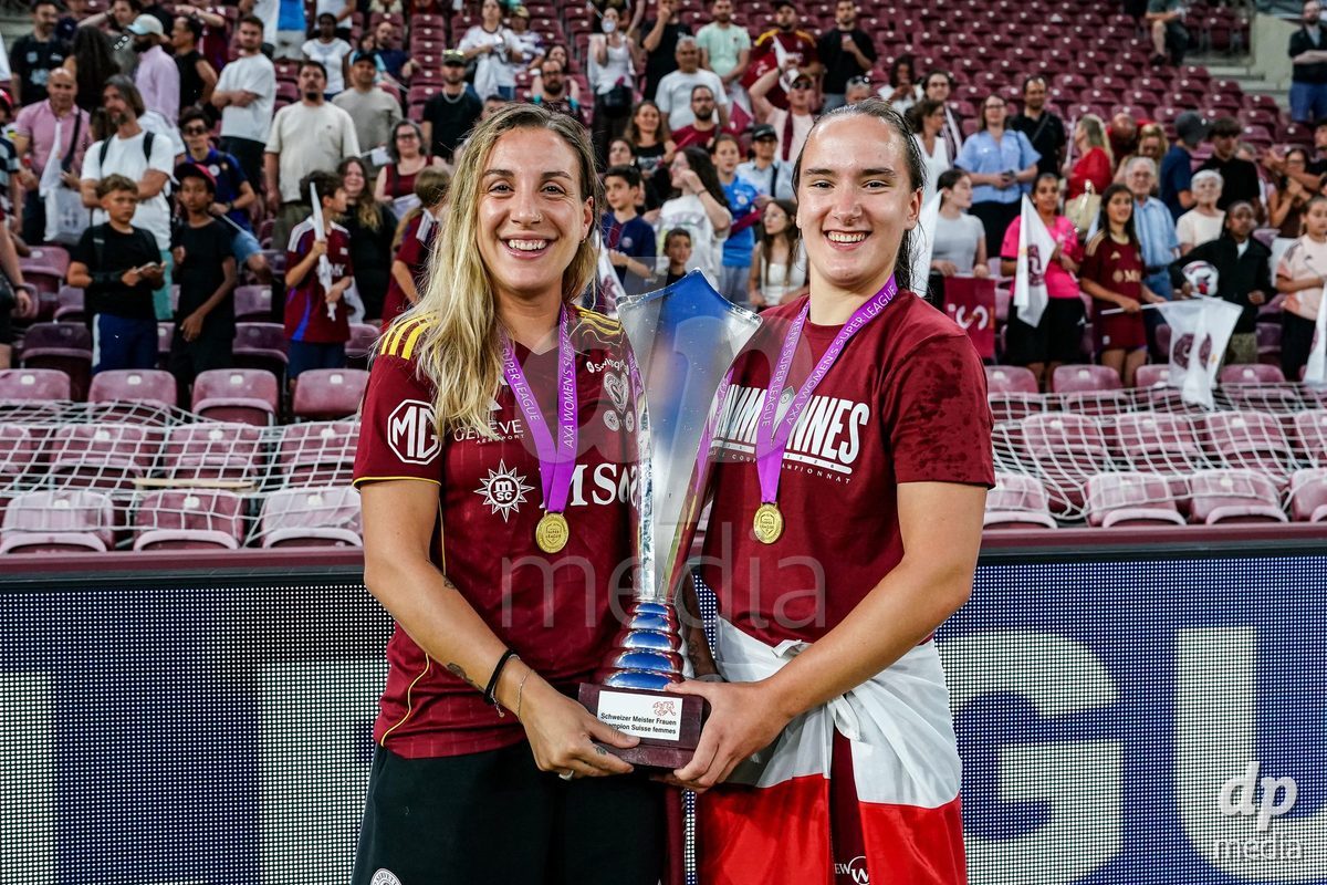 GENEVA, SWITZERLAND - MAY 29: Celebration of team Servette after winning the Final of the AXA Women's Super League match between Servette FC Chenois Feminin and BSC YB Frauen at Stade de Geneve on May 29, 2026 in Geneva, Switzerland.