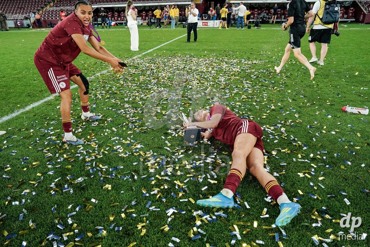 GENEVA, SWITZERLAND - MAY 29: Celebration of team Servette after winning the Final of the AXA Women's Super League match between Servette FC Chenois Feminin and BSC YB Frauen at Stade de Geneve on May 29, 2026 in Geneva, Switzerland.