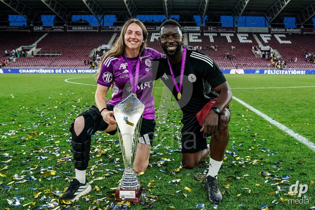 GENEVA, SWITZERLAND - MAY 29: Celebration of team Servette after winning the Final of the AXA Women's Super League match between Servette FC Chenois Feminin and BSC YB Frauen at Stade de Geneve on May 29, 2026 in Geneva, Switzerland.