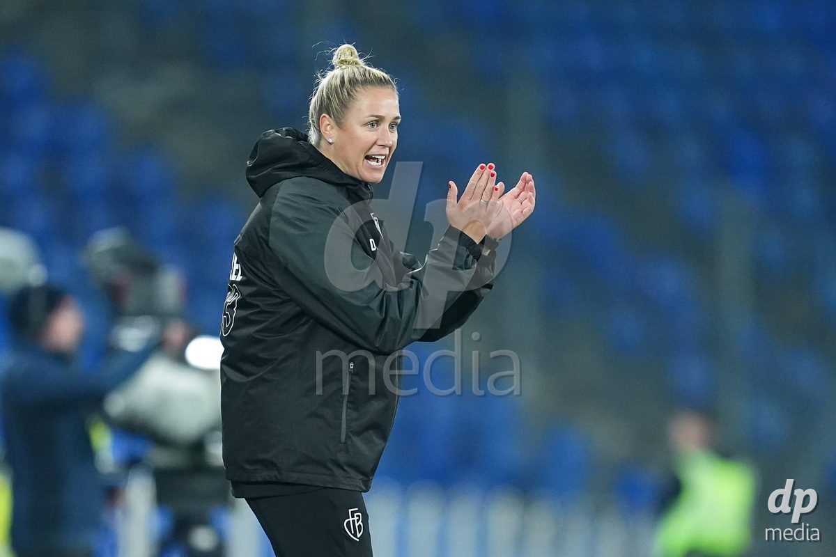 BASEL, SWITZERLAND - OCTOBER 30: Danique Stein, Head Coach of FC Basel 1893 reacts during the AXA Women's Super League match between FC Basel 1893 and FC Zurich at St. Jakob-Park on October 30, 2026 in Basel, Switzerland.