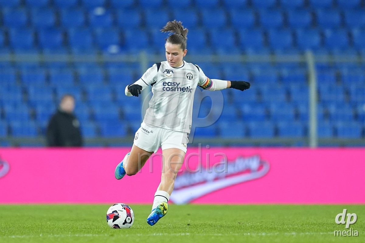 BASEL, SWITZERLAND - OCTOBER 30: Naomi Megroz of FC Zurich shoots the ball during the AXA Women's Super League match between FC Basel 1893 and FC Zurich at St. Jakob-Park on October 30, 2026 in Basel, Switzerland.