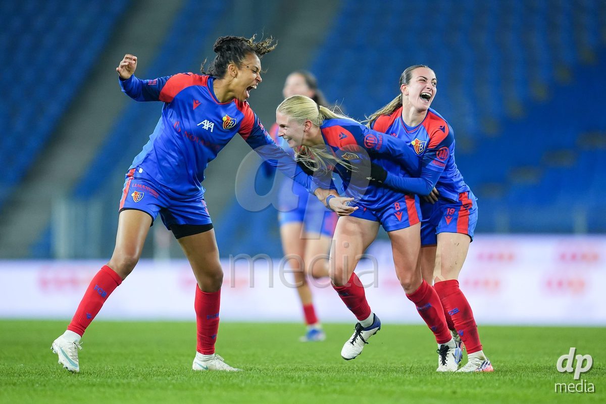 BASEL, SWITZERLAND - OCTOBER 30: Jacqueline Anne Hand of FC Basel 1893 celebrates with teammates after scoring her team's first goal during the AXA Women's Super League match between FC Basel 1893 and FC Zurich at St. Jakob-Park on October 30, 2026 in Basel, Switzerland.