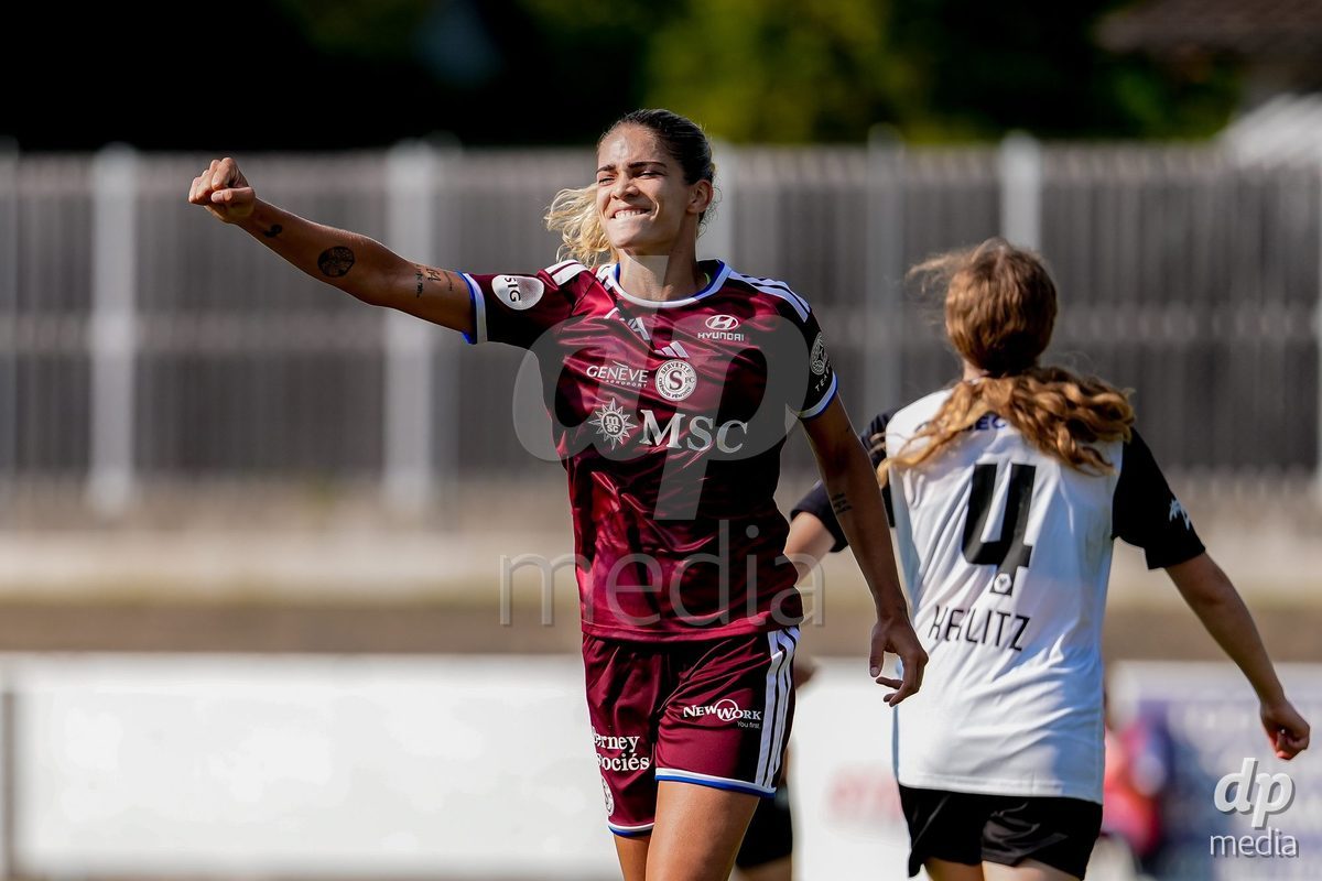 Switzerland: AXA Womens Super League 2026/27, Servette FC Chenois Feminin vs FC Aarau Frauen - Stade des Trois-Chene, Chene-Bourg: Stefanie Da Eira (Stéfanie Da Eira) (Servette FC Chenois Feminin) celebrating after scoring teams third goal