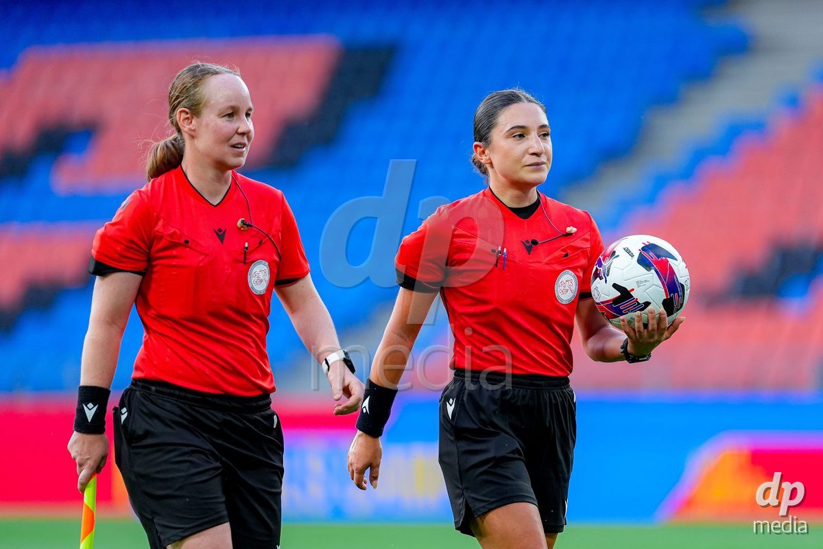 Switzerland: AXA Womens Super League 2026/27, FC Basel 1893 vs BSC YB Frauen - St. Jakob-Park, Basel: Referee Leonora Ismaili, right, and Referee Emilie Aubry, left.