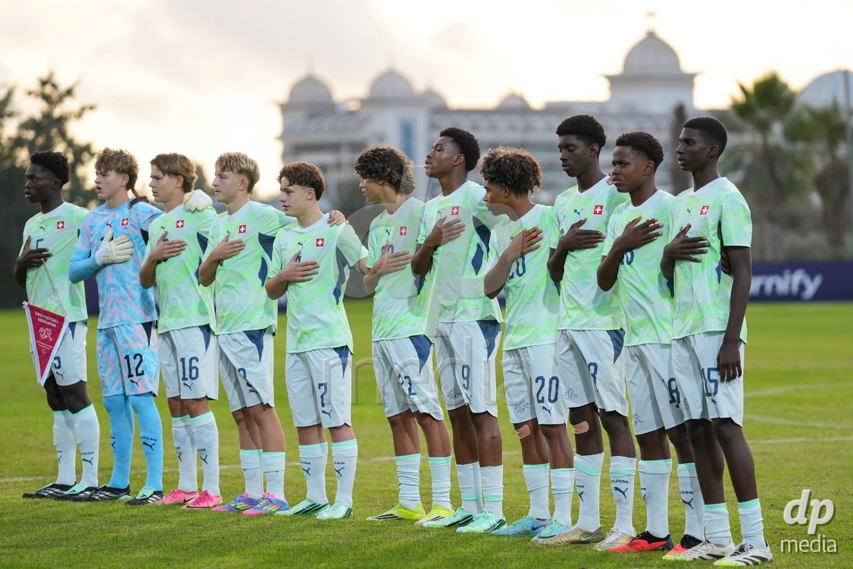 SIDE, TURKIYE - OCTOBER 31: Players of Switzerland during the national anthem prior to the International Friendly tournament football match between Portugal U16 and Switzerland U16 at Emirhan Sport Complex on October 31, 2026 in Side, Turkiye.