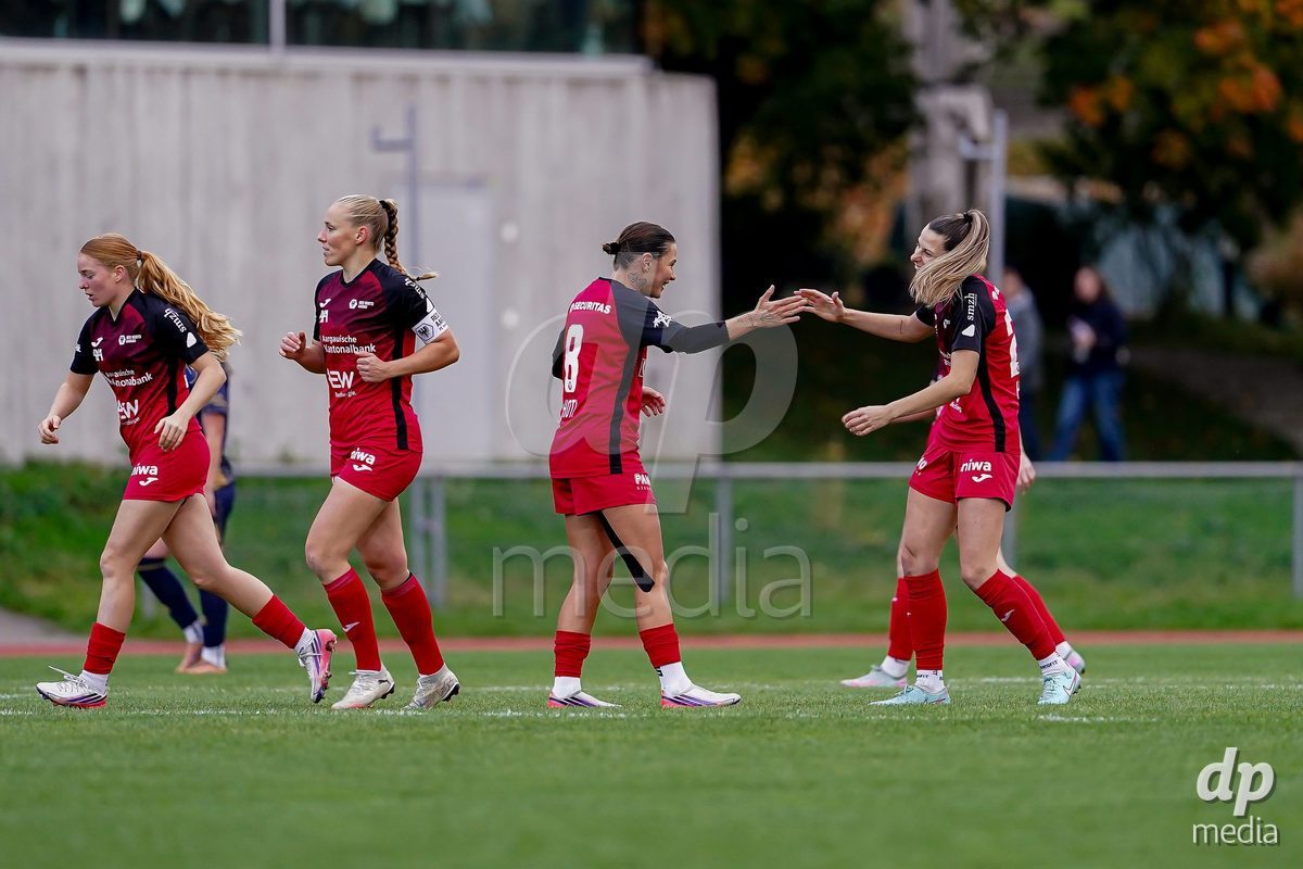 LUZERN, SWITZERLAND - OCTOBER 31: Vanesa Hoti of FC Aarau Frauen and Celia Hofer of FC Aarau Frauen celebrating after teams first goal during the AXA Women's Super League match between FC Luzern and FC Aarau Frauen at Hubelmatt on October 31, 2026 in Luzern, Switzerland.