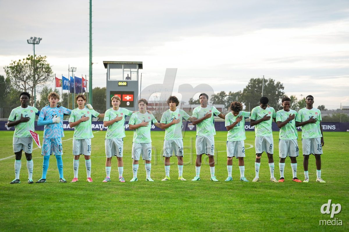 SIDE, TURKIYE - OCTOBER 31: Players of Switzerland during the national anthem prior to the International Friendly tournament football match between Portugal U16 and Switzerland U16 at Emirhan Sport Complex on October 31, 2026 in Side, Turkiye.
