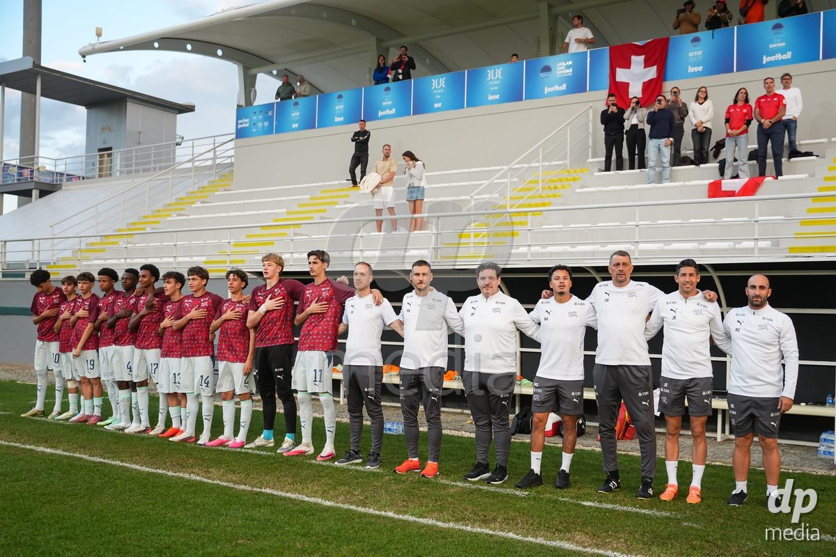 SIDE, TURKIYE - OCTOBER 31: Staff members of Switzerland during the national anthem prior to the International Friendly tournament football match between Portugal U16 and Switzerland U16 at Emirhan Sport Complex on October 31, 2026 in Side, Turkiye.