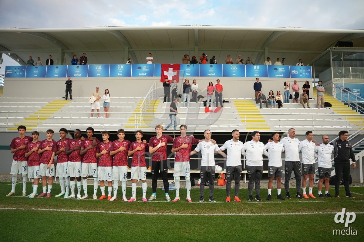 SIDE, TURKIYE - OCTOBER 31: Players of Switzerland during the national anthem prior to the International Friendly tournament football match between Portugal U16 and Switzerland U16 at Emirhan Sport Complex on October 31, 2026 in Side, Turkiye.