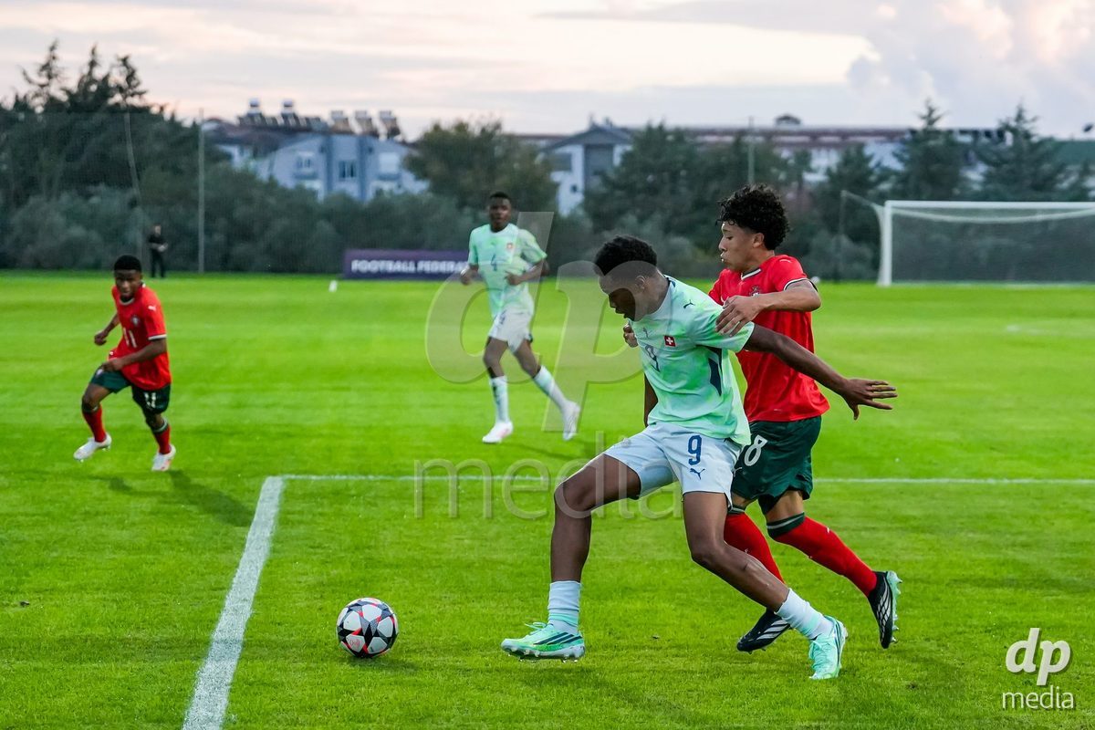 SIDE, TURKIYE - OCTOBER 31: Kingdavid Chukwudi of Switzerland (L) battles for the ball during the International Friendly tournament football match between Portugal U16 and Switzerland U16 at Emirhan Sport Complex on October 31, 2026 in Side, Turkiye.