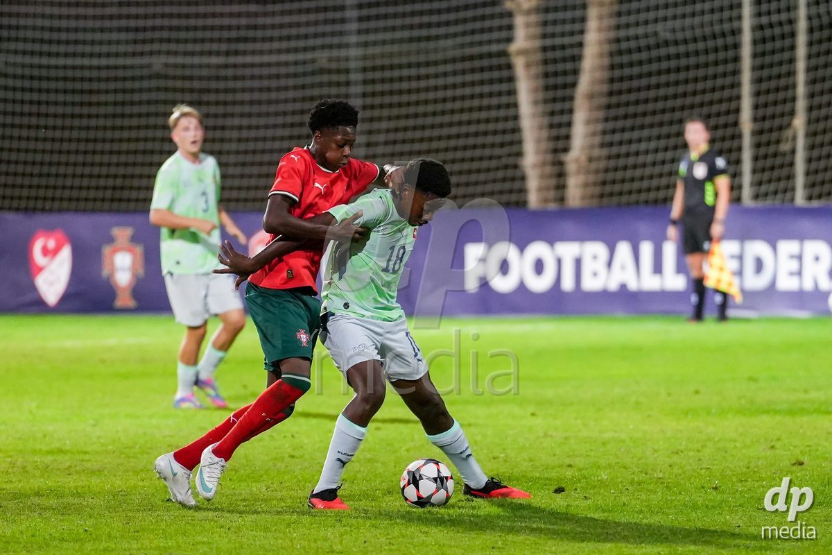 SIDE, TURKIYE - OCTOBER 31: Aaron Andy Ekoh of Switzerland battles for the ball (duel) during the International Friendly tournament football match between Portugal U16 and Switzerland U16 at Emirhan Sport Complex on October 31, 2026 in Side, Turkiye.
