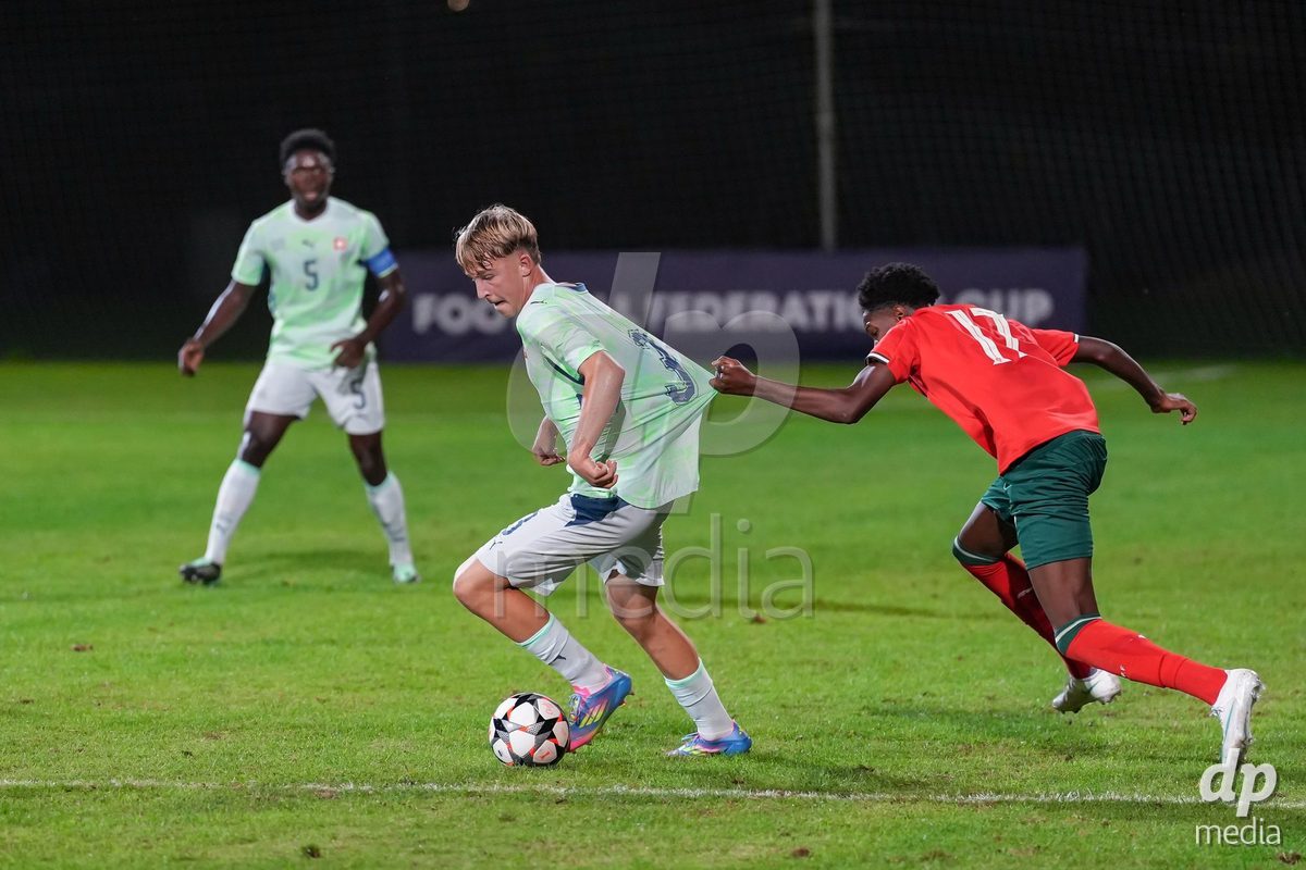 SIDE, TURKIYE - OCTOBER 31: Marco Thommen of Switzerland (L) and Igor Ribeiro of Portugal (R) battle for the ball (duel) during the International Friendly tournament football match between Portugal U16 and Switzerland U16 at Emirhan Sport Complex on October 31, 2026 in Side, Turkiye.