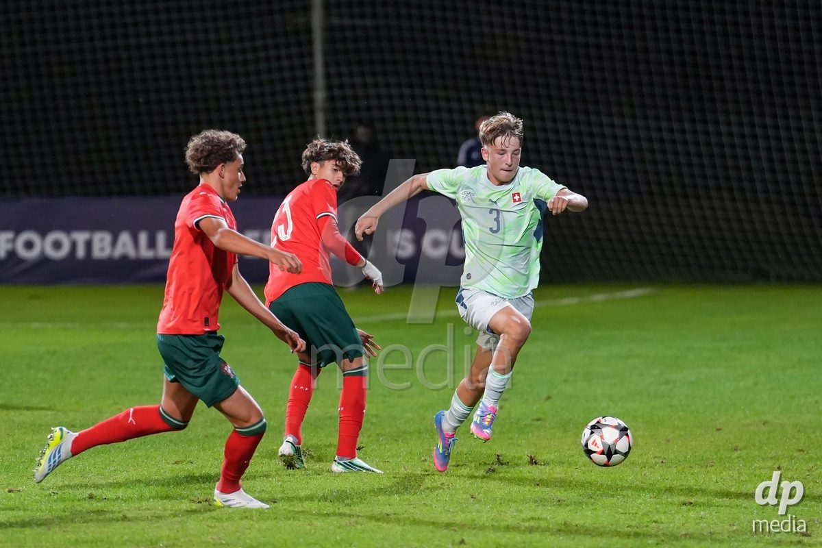 SIDE, TURKIYE - OCTOBER 31: Jaron Metzger of Switzerland (R) battles for the ball (duel) during the International Friendly tournament football match between Portugal U16 and Switzerland U16 at Emirhan Sport Complex on October 31, 2026 in Side, Turkiye.