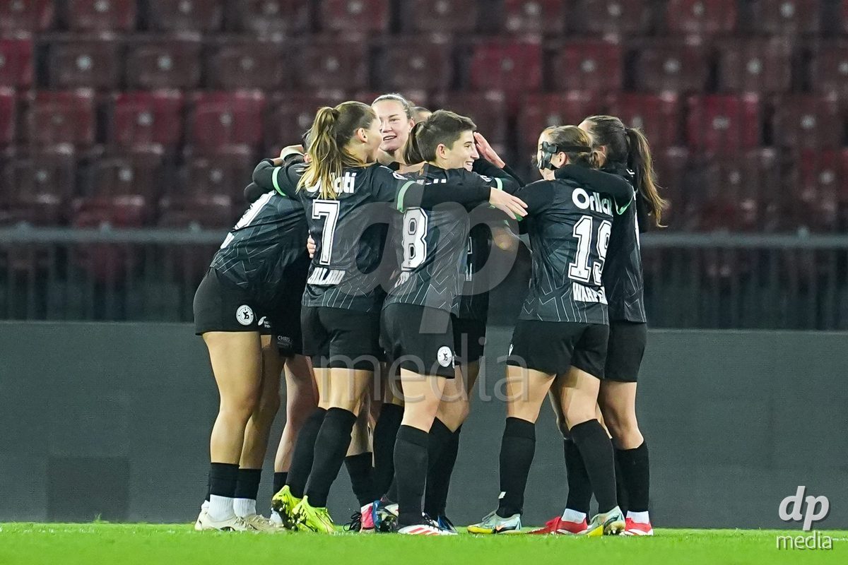 ZURICH, SWITZERLAND - OCTOBER 31: Andrea Maddalen Sierra Larrauri of Yverdon Sport Women (surrounded) celebrates with teammates after scoring her team's first goal during the AXA Women's Super League match between GC Frauenfussball and Yverdon Sport Women at Letzigrund on October 31, 2026 in Zurich, Switzerland. (Photo by Daniela Porcelli/DP Media)